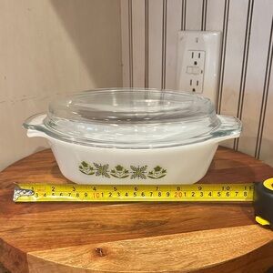 Fire King White Dish with Meadow Green  Design and Glass Lid